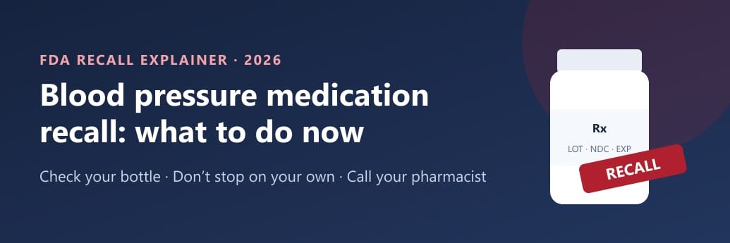 Prescription bottle with a red recall label, illustrating the 2026 blood pressure medication recall