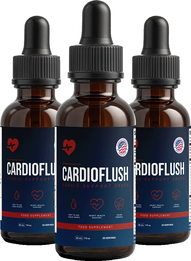 Three bottles of CardioFlush cardio support drops with dropper caps